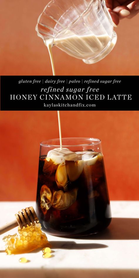 This Honey Cinnamon Iced Latte tastes like it was made at a coffee shop but is made using simple ingredients that you likely already have at home. Honey Cinnamon Coffee, Sugar Free Honey, Refined Sugar Free Recipes, Cold Brew Iced Coffee, Iced Coffee At Home, Easy Coffee Recipes, Honey Cinnamon, Cinnamon Coffee, Easy Drink Recipes