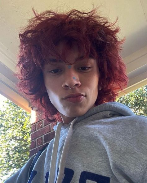 Short Shag Hairstyles Curly Hair, Guys With Red Hair Dyed, Dark Red Hair Ideas, Male Red Hair, Red Hair Dyed, Pfp Guy, Hair Men Long, Dude Fits, Hair Claims