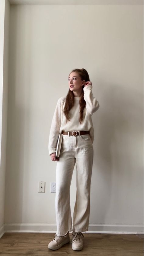 Neutral Casual Chic Fall Outfit Idea 🍂 I’m wearing cream colored jeans, a cream colored cashmere sweater, a brown belt, gold hoop earrings, & beige colored sneakers. Cream Jeans Outfit Winter, Cream Jeans Outfit, Beige Jeans Outfit, White Jeans Outfit Winter, Cream Colored Jeans, Beige Sweater Outfit, Cream Pants Outfit, Cream Sweater Outfit, Casual Chic Fall Outfits