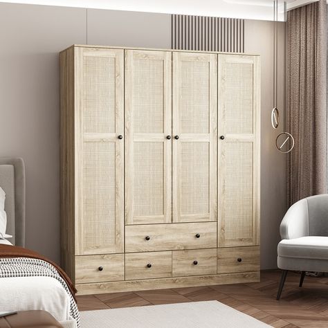 Large Storage Wardrobe Versatile Rattan Door Closet with Deep Drawers - Bed Bath & Beyond - 39983007 Hanging Drawers, Armoire Wardrobe Closet, Armoire Dresser, Storage Solutions Closet, 4 Door Wardrobe, Wood Armoire, Bedroom Organization, Bedroom Armoire, Closet Cabinets