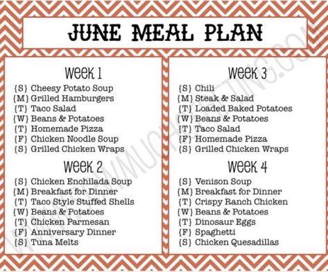 June Meal Plan, Monthly Dinner Menu Ideas Meal Planning, Family Meal Planning Monthly Menu Ideas, Meals For A Month Menu Planning, Weekly Meal Plan Under $50, Salad Taco, Dinner Menu Planning, Free Weekly Meal Plan, Bullet Journal Meal Plan