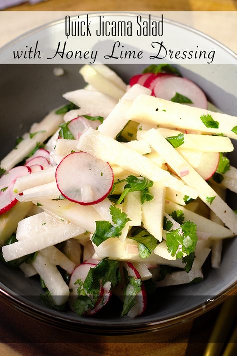 This jicama salad with apples is light, crisp, tart, and refreshing. It's quick and easy to make, perfect for a light lunch or summer cookout. #jicama #apples #salad #cookout #BBQ #slaw #light | alittleandalot.com Bbq Slaw, Apples Salad, Easy Cheese Enchiladas, Jicama Recipes, Jicama Recipe, Jicama Salad, Apples And Honey, Jicama Slaw, Salad With Apples