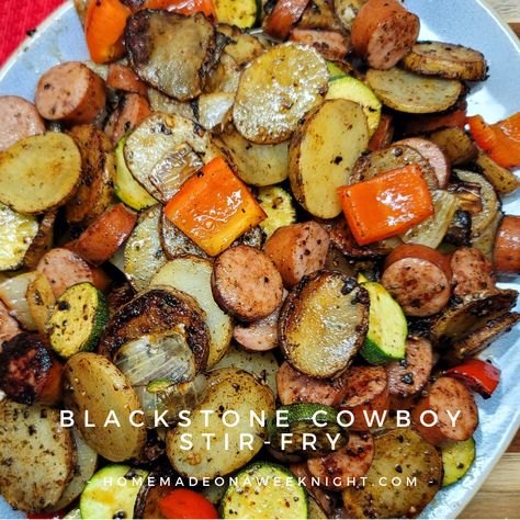 Blackstone Cowboy Stir-Fry - Try out this great meat and potatoes meal with veggies made right on the flat top griddle Blackstone Grill Stir Fry, Black Stone Veggies Ideas, Beef Stir Fry On Blackstone Griddle, Blackstone Griddle Potato Recipes, Black Stone Vegetables, Blackstone Sausage Recipes, Hot Dog Stir Fry, Potato Stir Fry Recipes, Blackstone Cowboy Stir Fry