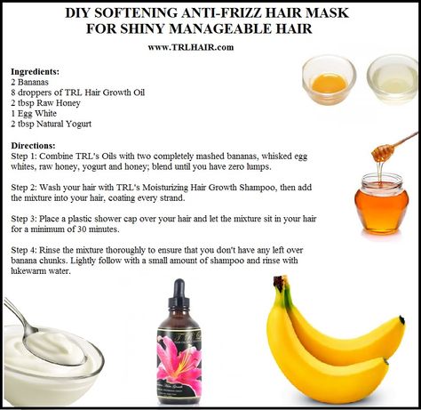 #DIY Hair Softening Anti-Frizz Hair Mask for Shinier Manageable Hair. #DIYHair #DIYRecipes #DIYHairRecipes Anti Frizz Hair Mask Diy, Frizz Hair Mask, Diy Hair Products Recipes, Diy Hair Care Recipes, Banana Mask, Homemade Hair Treatments, Frizz Hair, Stop Hair Breakage, Anti Frizz Hair