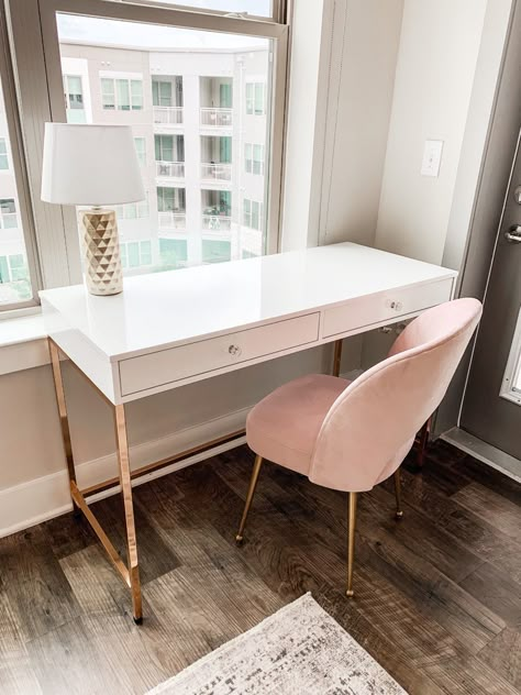 This chic, glam workspace is the perfect place to work from home! This white and gold desk is adorable when paired with this blush and gold accent chair. Gold Home Office Decor, Gold Home Office, Home Office Decor Ideas, Office Decor Ideas, Gold Rooms, Gold Desk, Drum Lamp Shade, Drum Lamp, Bedroom Desk