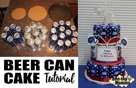 DIY Beer Can Cake Tutorial with pictures - A baby is brewing baby shower decoration Budlight Beer Cake, Modelo Beer Cake, Beer Cakes For Men, Diy Beer Cake, Beer Cake Tower, Beer Cake Recipe, Beer Can Cake, Beer Can Cakes, Birthday Beer Cake