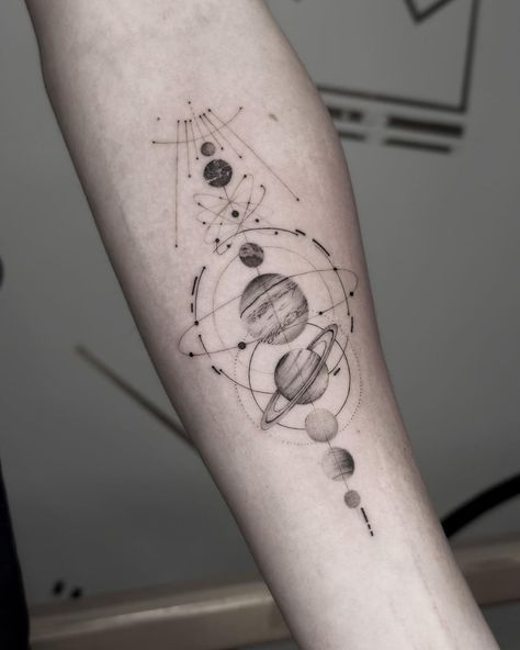 12 Amazing Space Tattoo Ideas, Symbolize The Universe's Grandeur Masculine Space Tattoo, Universe Theme Tattoo, Space Arm Band Tattoo, Space Tattoo Minimalist, Space Tattoo Women, Planet Fine Line Tattoo, Space Thigh Tattoo, Fine Line Planet Tattoo, Blank Space Tattoo