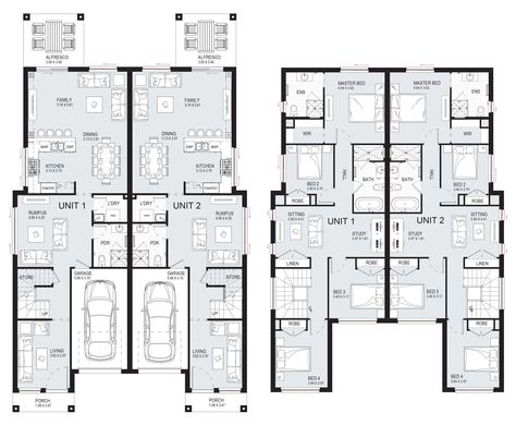 Richmond 50 - Duplex Level - Floorplan by Kurmond Homes - New Home Builders Sydney NSW Semidetached Houses Modern, Semidetached Houses, Cluster Homes, Barndo Plans, Town House Plans, Two Storey House Plans, Dual Occupancy, Double House, Duplex Floor Plans