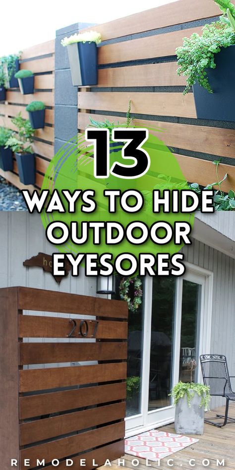 diy ways to hide outdoor eyesores Hiding Outside Air Conditioner, Hide My Ac Unit, How To Hide Ac Condenser, Ac Unit Cover Outdoor Diy Fence, Cover Ac Unit Outdoor Air Conditioner Screen, Utility Box Cover Ideas Outdoor Diy, Ways To Cover Ac Unit Outside, Air Conditioner Cover Outdoor Hide Ac Units, How To Hide Outdoor Electrical Boxes