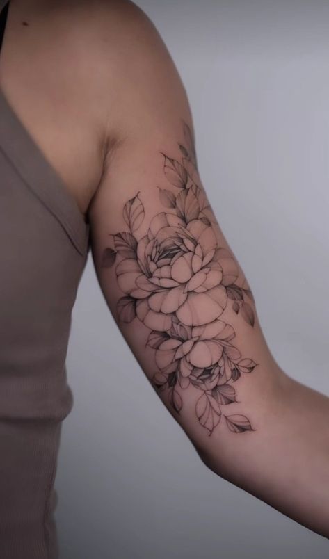 Female Floral Arm Tattoo, Peony Bicep Tattoo, Womens Floral Arm Tattoo, Front Of Bicep Tattoo Women, Inner Bicep Flower Tattoo, Arm Tattoo Cover Up Ideas For Women, Bicep Floral Tattoo, Full Floral Sleeve Tattoo, Floral Bicep Tattoo