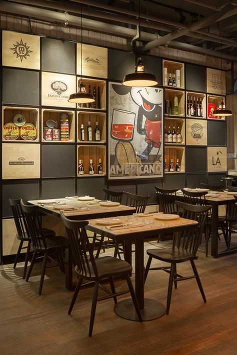 Hannah Churchill · Gemma - Italian Pizzeria and Bar - Shanghai · Divisare Italian Restaurant Interior, Italian Pizzeria, Fun Restaurant, Wooden Crate Shelves, White Leather Couch, Fancy Pizza, Pizzeria Design, Italian Bar, Office Commercial