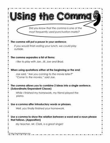 Comma-Rules, How to Use the Comma How To Use Commas, Teaching Commas, Commas In A Series Anchor Chart, Using Commas, Commas In A Series Activities, When To Use A Comma, Comma Splice Examples, When To Use Commas, Rules For Using Commas