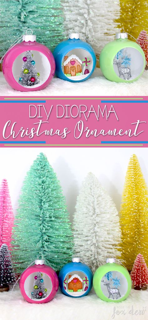 DIY Diorama Christmas Ornament | 2017 Ornament Exchange Diy Bling Christmas Ornaments, Christmas Dioramas, Diy Diorama, Diorama Ornaments, Fox Den, Kitschy Christmas, Christmas Diorama, Ornament Exchange, Christmas Wonderland