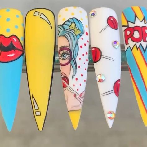 Pop Art Manicure, Pop Nails Art, Pop Art En Uñas, Nail Pop Art, Uñas Pop Art, Pop Art Nail Art, Pop Art Nails Designs, Pop Nail Art, Comic Nail Art