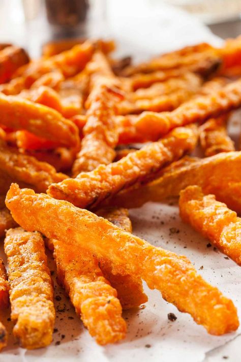 Crispy Deep-Fried Sweet Potato Fries - IzzyCooking Yam Fries Baked, Fried Sweet Potatoes Fries, Fried Sweet Potato Fries, Best Sweet Potato Fries, Sweet Potato Fried, Baked Potato Fries, Sweet Potato Fry, Fried Sweet Potatoes, Deep Fried French Fries