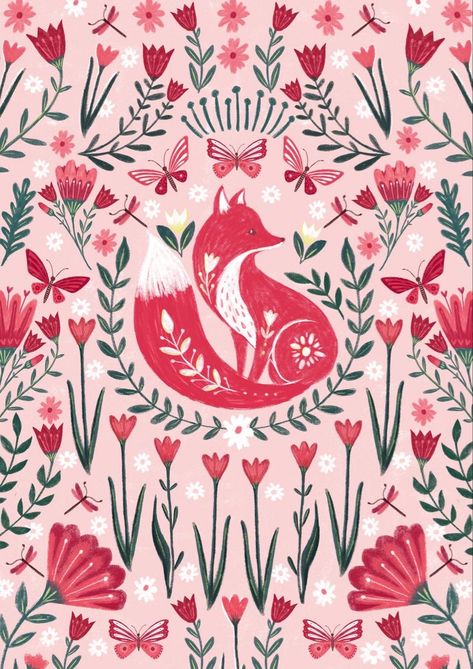 Folk Art Fox Illustration, Scandinavian Animals Illustration, Scandinavian Prints Pattern, Fox Folk Art, Fox Doodle, Folk Art Wallpaper, Folk Art Animals, Folk Art Illustration, Scandinavian Illustration