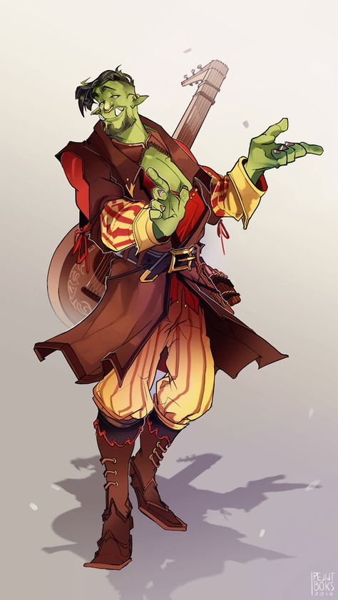 Half orc male bard Orc Fashion, Half Orc Bard, Bard Lute, Goblin Bard, Orc Bard, Orc Male, Half-orc Male, Dnd Orc, Half Orc