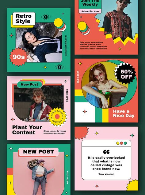 Retro Fashion Instagram Posts Design PSD Neubrutalism Graphic Design, Fun Instagram Posts, Instagram Post Theme, Retro Instagram Feed, Team Instagram Post, Fashion Social Media Design, Maximalism Graphic Design, Instagram Posts Design, Retro Design Graphic