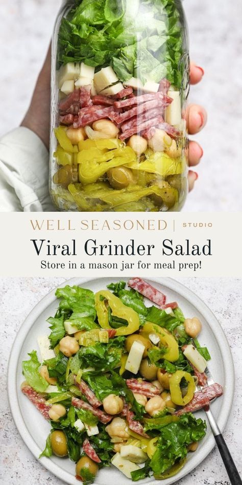 Tiktok Grinder, Grinder Salad, Salad Jar Recipe, Salad Recipes Lunch, Mason Jar Salad Recipes, Mason Jar Salad, Salad Pasta, Mason Jar Meals, Prepped Lunches