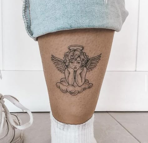 Cherub Tattoo Leg, Fine Line Quarter Sleeve Tattoo, Tattoos For Women Medium Size, Latina Inspired Tattoos, Cute Cherub Tattoo, Cute Angel Tattoos For Women, Cherub Hand Tattoo, Angel With Halo Tattoo, Angel Tattoo Ideas For Women