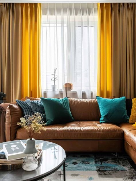 Brown Sofa Decor: Sunny Yellow Curtains for a Beautifully Complementing Look Brown And Yellow Living Room Ideas, Yellow Brown Living Room, Brown Sofa Decor, Yellow Curtains Living Room, Mustard Yellow Curtains, Brown Sofas, Color Curtains, Brown Sofa Living Room, Brown Curtains