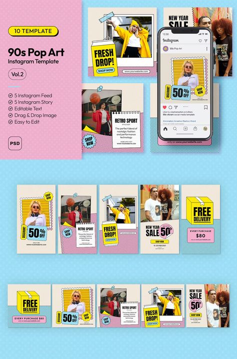 90s Pop Art Instagram Post and Story Templates PSD Pop Art Instagram Feed, Comic Social Media Design, Pop Art Web Design, Pop Art Social Media, Pop Art Social Media Design, Pop Art Website, Pop Art Layout, 90s Web Design, Social Media Design Inspiration Layout