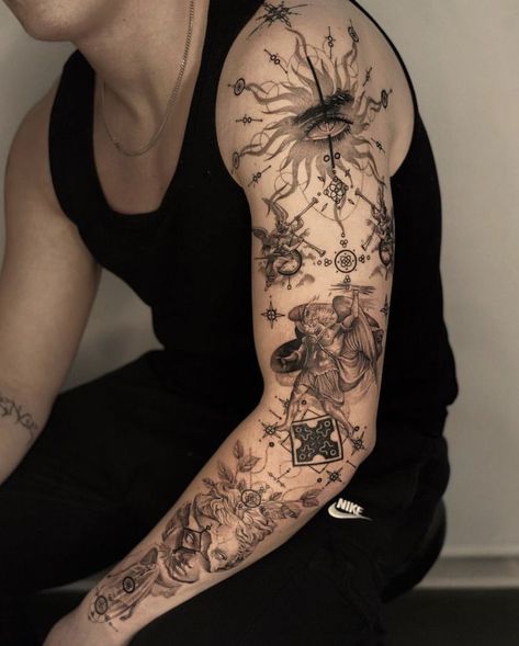 Amazing 3d Tattoos, Full Arm Tattoos, Geometric Tattoo Design, Full Body Tattoo, Greek Tattoos, Full Sleeve Tattoos, 3d Tattoos, Arm Sleeve Tattoos, Hand Tattoos For Guys