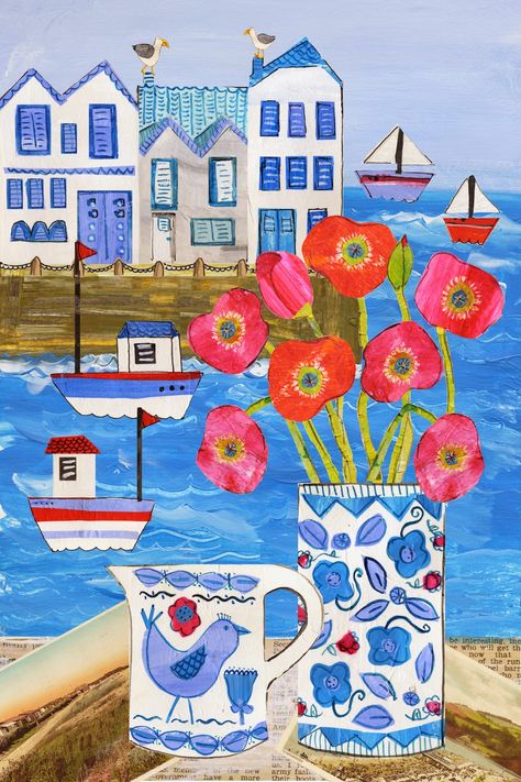 Tracey English: Seaside Tracey English, Flowers In A Vase, Canvas Painting Ideas, The Seaside, Beginner Painting, Naive Art, Weather Forecast, Art Journals, Whimsical Art