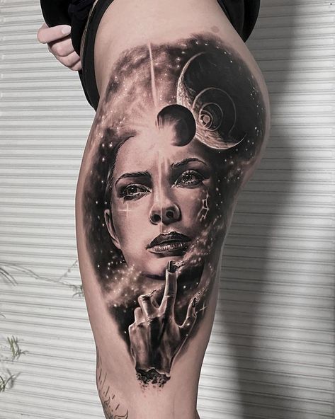 Greek Goddess Asteria by Michael Perry, an artist at L.O.V.E.machine in NYC. Goddess Tattoo Ideas, Greek Goddess Tattoo, Planet Tattoos, Tattoo Magazine, Galaxy Tattoo, Goddess Tattoo, Mythology Tattoos, Hand Tattoos For Women, Greek Tattoos