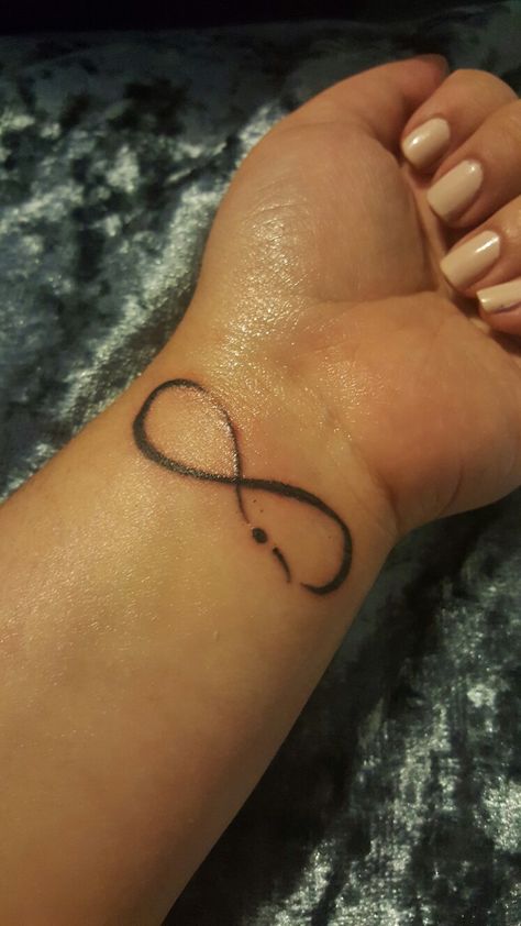 Infinity and semi-colon tattoo Wrist Tattoos For Women Small Semi Colon, Colin Tattoo Semi, Infinity Tattoo With Semi Colon, Small Infinity Tattoos, Semi Colon Tattoo, Colon Tattoo, Violet Tattoo, Bali Tattoo, Side Wrist Tattoos