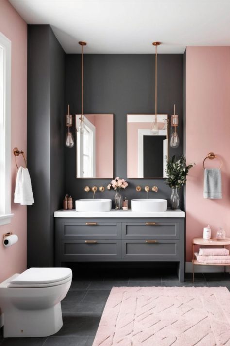 Blend drama and softness with this charcoal grey and blush pink scheme. A modern take on romantic bathroom design. #ModernBathroom #CharcoalAndPink Gray And Rose Gold Bathroom, Gray Bathroom With Pink Accents, Pink And Black Bathroom Ideas, Masculine Bathroom Colors, Pink And Grey Bathroom Ideas, Blush Bathroom Ideas, Modern Bathroon, Charcoal Grey Bathroom, Blush Pink Bathroom