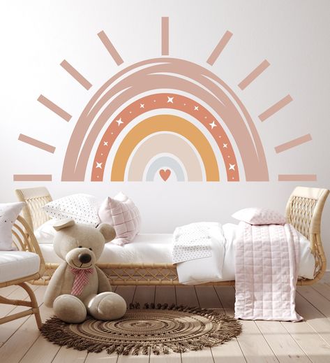 Large Boho Rainbow - Sun Vinyl Decal makes the Playroom Unique and inspiring for your child💫 Montessori Wall Painting Ideas, Rainbow Decals For Walls, Boho Sunshine Nursery, Sun And Rainbow Nursery, Playroom Pastel, Rainbow Kids Bedroom, Minimalist Wall Paint, Baby Nursery Rainbow, Rainbow Kids Room Decor