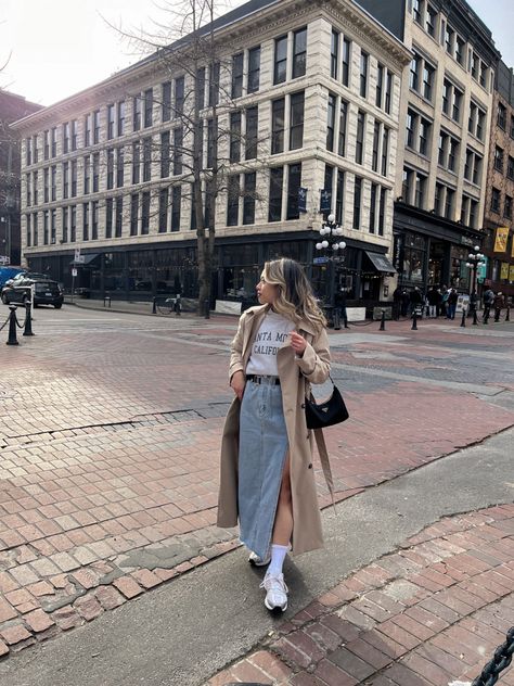 New balance 530s, beige trench coat, denim midi skirt Denim Coat Outfit, Jean Skirt Outfits Fall, Casual Trench Coat Outfit, Denim Skirt Outfit Winter, Denim Skirt Outfit Fall, New Balance 530 Outfit, Midi Skirt Outfit Winter, Denim Midi Skirt Outfit, Fall Coat Outfit