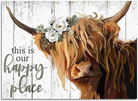 White Flower Pictures, Kitchen Decor Frames, Cow With Flowers, Highland Cow Wall Art, Scottish Cow, Future Bedroom, Highland Cow Canvas, Our Happy Place, Cow Wall Art