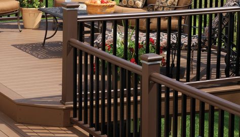 TimberTech RadianceRail Express Railing Collection in Kona Small Deck Railing Ideas, Decking Railing Ideas, Porch Color Ideas, Deck Color Ideas, Composite Deck Ideas, Deck Railing Kits, Deck Post Caps, Timbertech Decking, Composite Railing