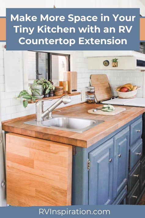 Make more space in your tiny camper kitchen with an RV countertop extension. These RV countertop extension ideas will give you more counter space when you need it and store away to take up zero storage space when you don’t. #rvinspiration #rvkitchen #rvremodel Cover Sink Counter Space, Rv Countertop Extension, Kitchen Counter Extension Ideas, Travel Trailer Kitchen Remodel, Counter Extension Ideas, Kitchen Counter Extension, Trailer Kitchen Remodel, Rv Countertop, Countertop Extension