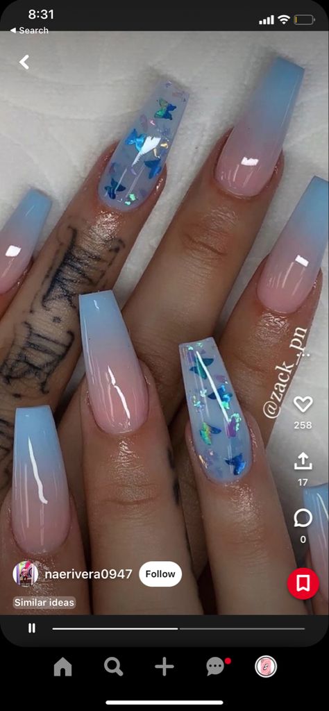 Acrylic Nails Ideas Blue And White, Nail Ideas Spring 2023 Blue, Lavender Ombre Acrylic Nails, Blue Glitter Butterfly Nails, Nails For The Month Of May, June Birthday Nail Ideas, Light Blue Nail Ideas Almond, Periwinkle Nails Designs Summer, Vacation Nails Coffin Beach