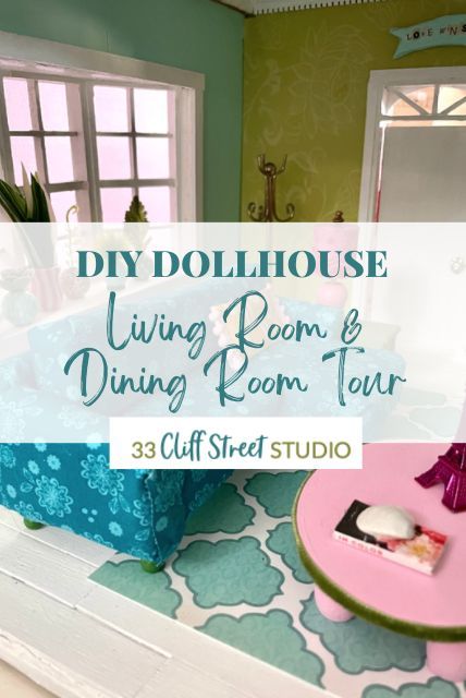 Dollhouse living room with diy blue couch and pink coffee table Dollhouse Diy Furniture, Makeover Living Room, Eclectic Diy, Dollhouse Makeover, Framed Floral Art, Dollhouse Dining Room, Dollhouse Living Room, Dollhouse Diy, Calico Critter