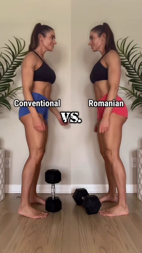 Sandy Sklar | Fitness Trainer | Conventional Vs. Romanian DEADLIFTS ✔️ CONVENTIONAL deadlifts are typically performed using a barbell, but can be done using a kettle or... | Instagram Dumbell Romanian Deadlift, Dumbbell Deadlift Form, Dumbell Romanian Dead Lift, Dumbbell Romanian Deadlift, Russian Deadlift Form, Dumbell Deadlift Women, Dumbbell Deadlift Women, Deadlift With Dumbbells, Romanian Deadlift Form