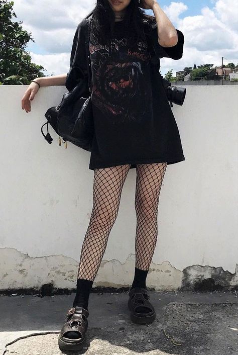 Oversized black graphic tee with fishnet leggings & Dr Martens shoes by everlastingpure - #fashion #grunge #alternative 00s Mode, Fishnet Leggings, Look Grunge, E Girl Outfits, Hipster Grunge, Aesthetic Grunge Outfit, Black Outfits, Legging Outfits, Fishnet Tights