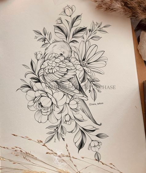 Parrot With Flowers Tattoo Design Printable Stencil Instant Download Original Art Print - Etsy UK Bird Flower Tattoo Design, Animal And Flower Drawing, Bird In Flowers Tattoo, Tulips And Roses Tattoo, Dot Style Tattoo, Animal And Flower Tattoo, Flowers To Tattoo, Flowers Tattoo Design For Women, Bird With Flowers Tattoo