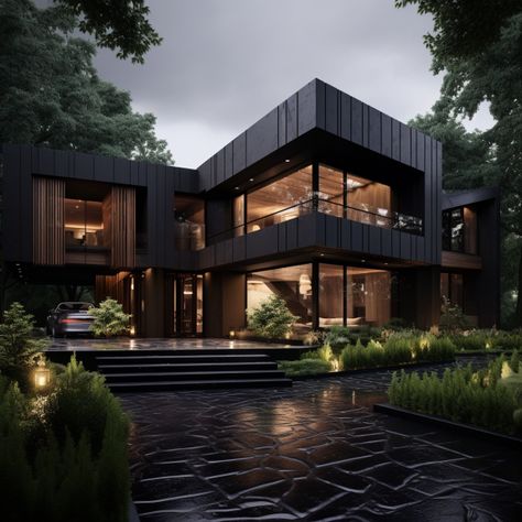 Black modern house in forest in vray tracing style, dark bronze and brown architecture with subtle lighting ✨ ... ... ... #ModernHouse #StunningHouse #DarkInterior #forest_captures #lighting #GoldArchitecture #NatureInspired #Elegance #DreamHome #InstaGood #Content #DarkView Black Modern Luxury House, Dark Houses Modern, Black And Brown Modern House, Black Modern House Aesthetic, Modern Black Wood House, House Design Dark, Forest Modern House, Modern House Forest, Dark Modern House Layout