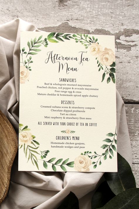 Cottagecore Menu Design, Afternoon Tea Menu Design, High Tea Menu Design, Hi Tea Menu Ideas, High Tea Menu Ideas, Afternoon Tea Invitations, Tea Menu Design, Wedding Menu Card Ideas, Afternoon Tea Menu Ideas