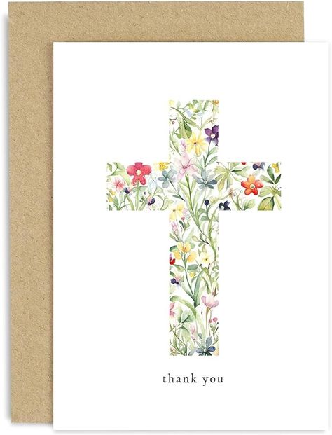 Amazon.com : Religious Thank You Cards - Watercolour Flower Cross Christian Thank You Card - Baptism and Christening Cards - Thank You for Baptism Christening Gift | Blank Inside : Office Products Christian Handmade Cards, Baptism Card Ideas, Baptism Card, Christening Card, Watercolour Flower, Baptism Cards, Cross Christian, Flower Cross, Baptism Girl