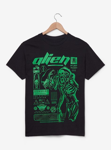 Add some extraterrestrial style to your wardrobe with this <i>Alien: Romulus<i> tee! Featuring green tonal images of the alien and other icons  this shirt is perfect for fans of the films.<div><br><div><div>A BoxLunch Exclusive!<div><div><ul><li>Cotton<li><li>Listed in unisex sizes<li><li>Wash cold with like colors; dry low<li><li>Do not iron over print<li><li>Imported<li><ul>& Alien Shirts, Alien Clothing, Grunge Tank Top, Alien Romulus, Alien Clothes, Alien Gift, Movie Lover Gift, Alien Shirt, Alien Aesthetic