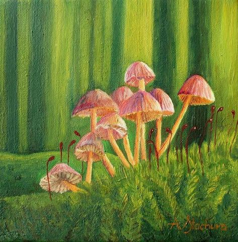 Oil Pastel Art Mushroom, Cottage Core Art Painting, Cottage Core Acrylic Painting, Fairy Core Paintings, Mushroom Oil Painting, Goblincore Painting, Cottage Core Paintings, Mushroom Forest Painting, Aleksandra Core