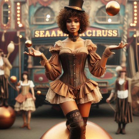 Today's Theme: Steampunk Circus🎪 for @inbetween.ai Circus Acrobat Outfit, Carnival Costumes Ideas, Circus Costumes Women, Vintage Circus Costume, Steampunk Circus, Circus Acrobat, Traveling Circus, Circus Fashion, Salem Halloween