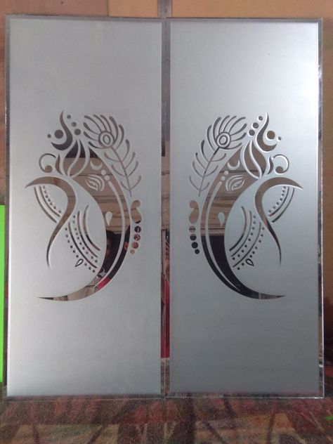 Mandir Gate Glass Design, Mandir Glass Etching Design, Glass Etching Designs For Pooja Room, Mandir Door Glass Design, Pooja Room Glass Door Design Indian, Mandir Glass Design, Frosted Glass Design For Mandir, Etched Glass Door For Pooja Room, Pooja Room Glass Door Designs