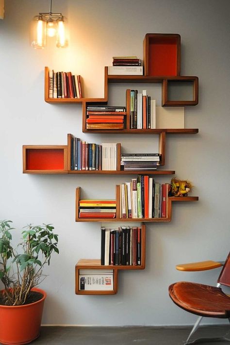 Geometric Wall Shelves, Diy Modern Bookshelf, Small Bookshelf On Wall, Unique Wall Shelves Creative, Floating Bookshelf Ideas, Unique Shelves Creative Bookshelves, Small Wall Bookshelf, Fun Bookshelves, Creative Book Shelf