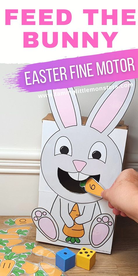 Feed the Bunny - Easter Fine Motor and math activity for preschoolers and kindergarten. Also comes with a free printable template for you to use. #easter #finemotor #math #freeprintable #preschool #kindergarten Feed Me Activity, Easter Bunny Games, Feed The Bunny Printable, Bunny Activities For Toddlers, Feed The Bunny Free Printable, Bunny Activities For Preschool, Bunny Theme Preschool Activities, Bunny Activities For Kindergarten, Feed The Bunny Activity